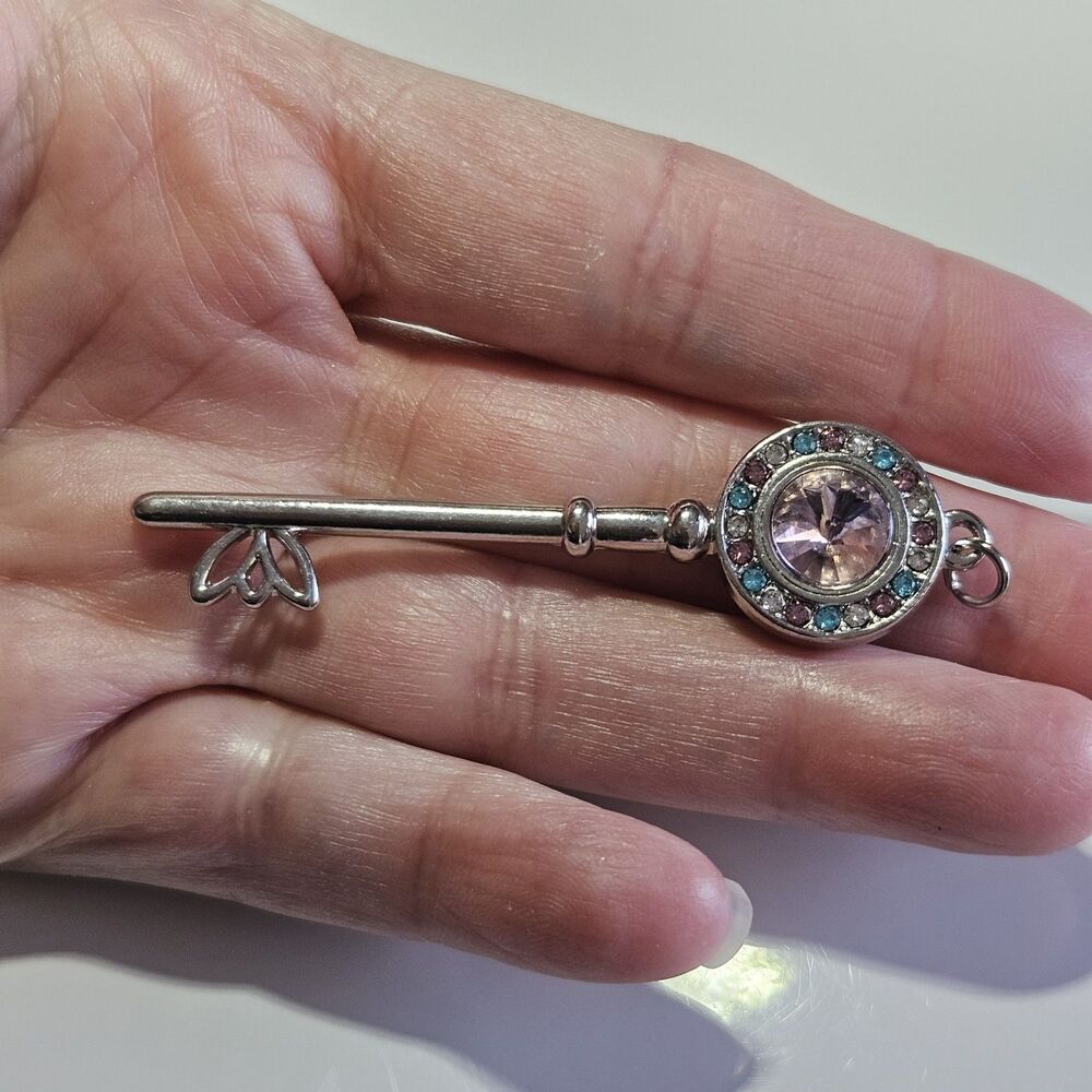 Silver Tone Pink Rhinestone Key Pendant With Pastel Rhinestone Accents